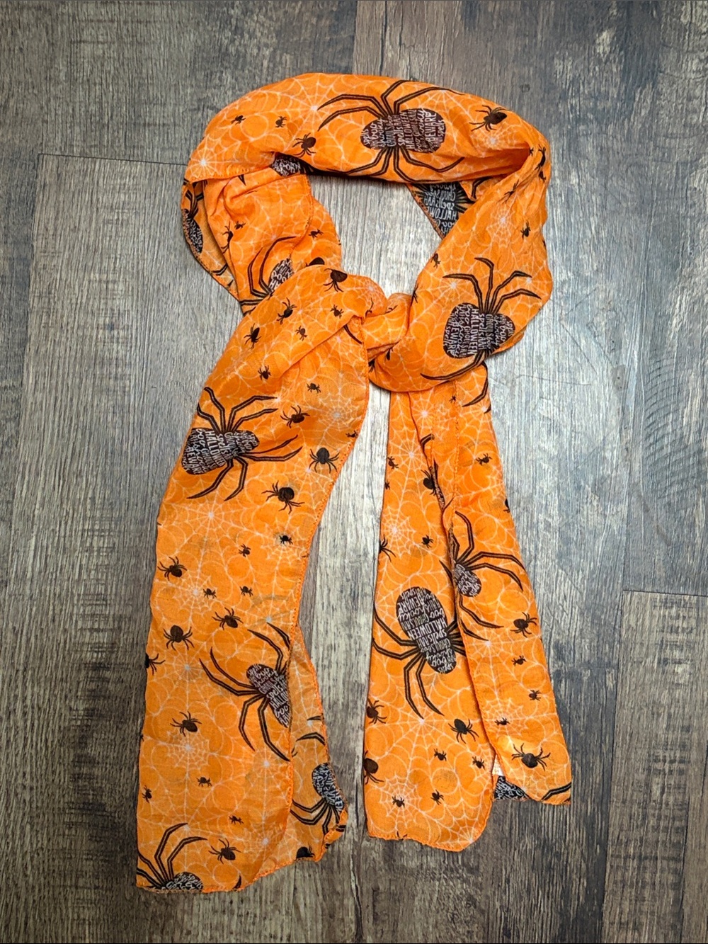 NWOT Halloween Spider Print Orange & Black Polyester Scarf, 60” x 11”